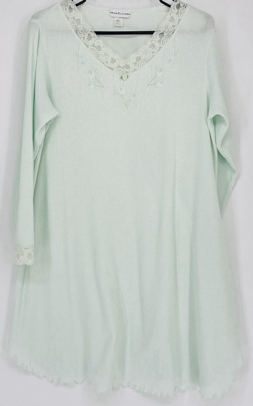 Miss Elaine Med Waffle Knit Nightgown Light Mint Long Sleeve Lace Embroid